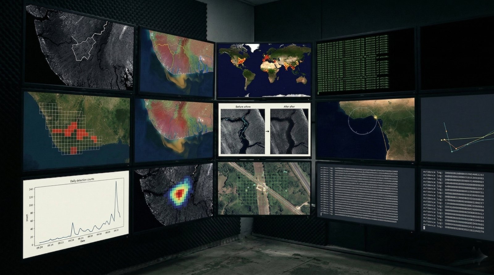 A wall of automated monitors continuously displaying satellite detection output over the Niger Delta, with no human operators in view