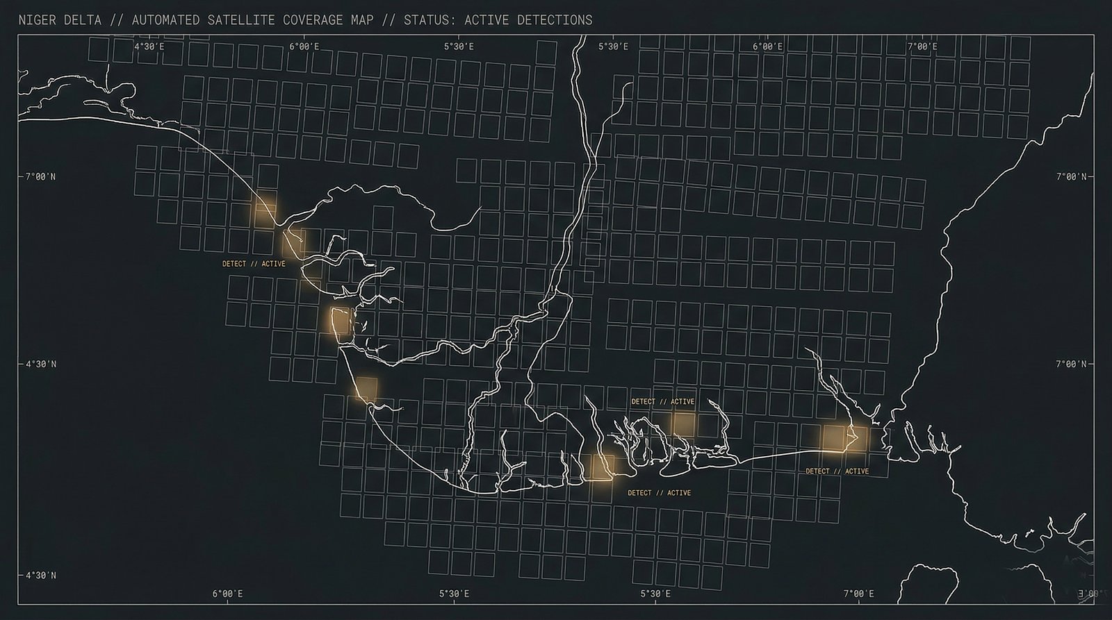An automated coverage map of the Niger Delta, with a dense grid of satellite footprint tiles and several live detections highlighted in amber