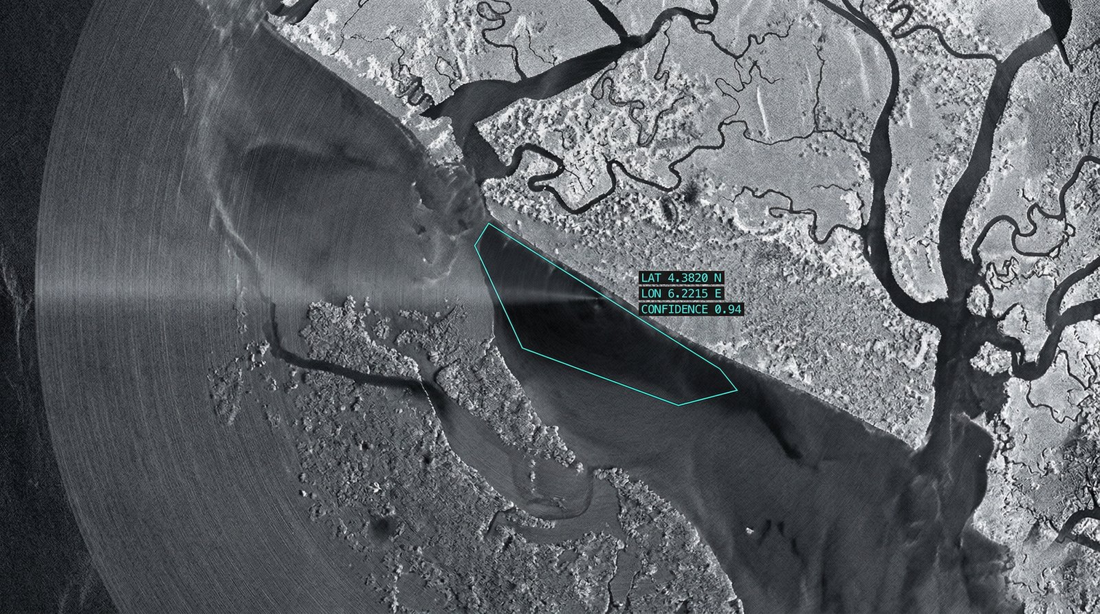 A satellite radar close-up of a Niger Delta creek with a dark oil slick outlined by a cyan detection polygon drawn by the automated classifier, annotated with latitude, longitude, and confidence