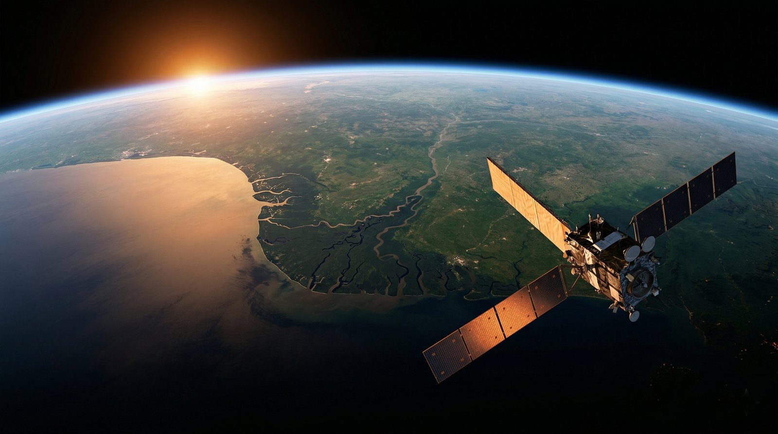 A radar satellite in low Earth orbit above the Niger Delta at dawn, its solar panels catching the sunrise — the vantage point from which Khadsense operates